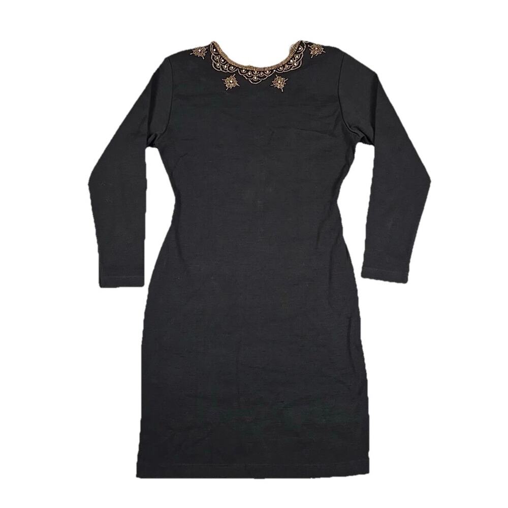NWT Vtg CDC Black Beaded Low Back Acrylic/Wool Wiggle Dress Sz M